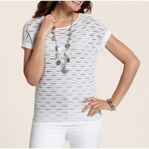 Chicos White Crochet Sheer Sweater Top L Metallic Silver Short Sleeve Casual